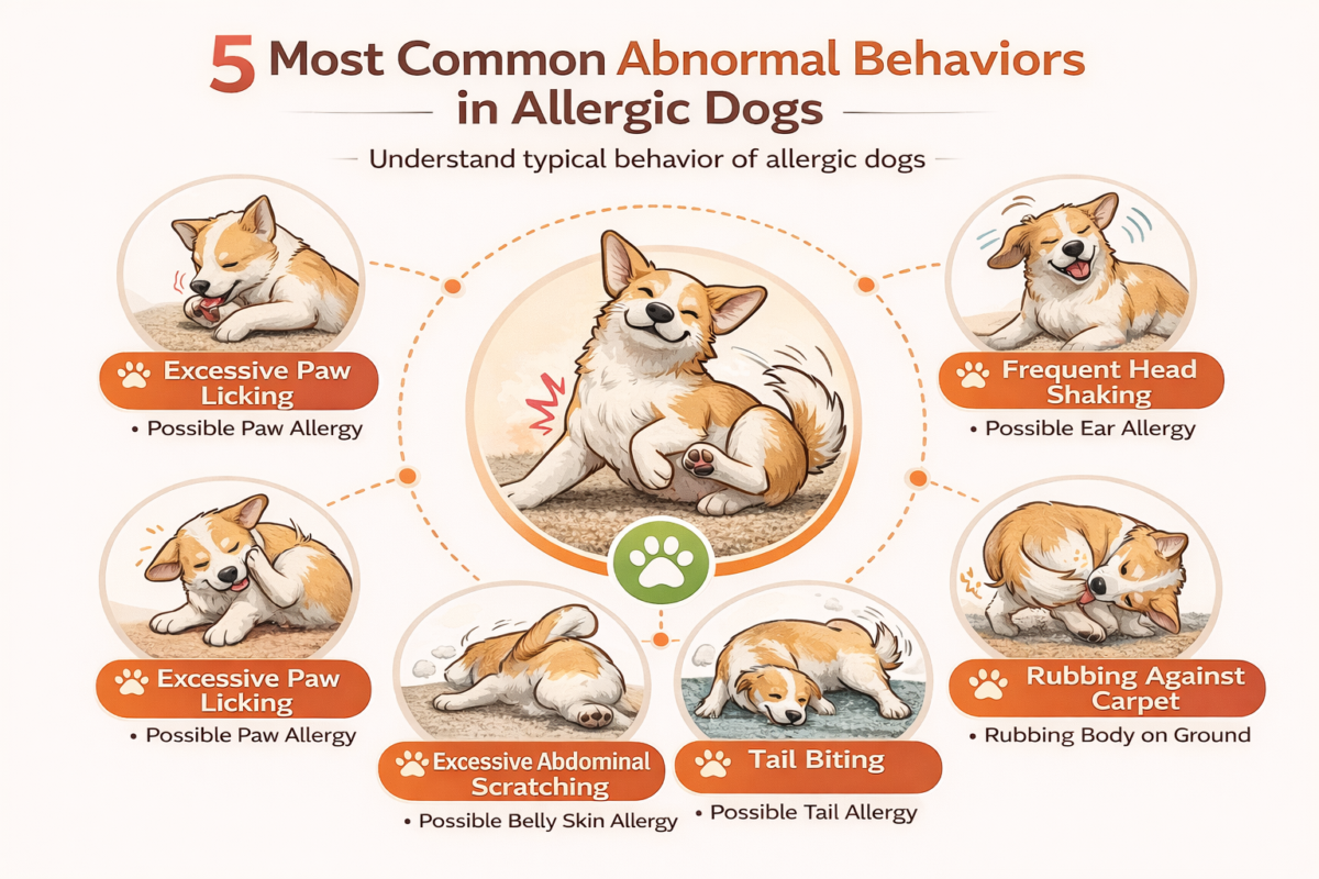 Infographic showing five most common abnormal behaviors in allergic dogs, including excessive paw licking, frequent h...
