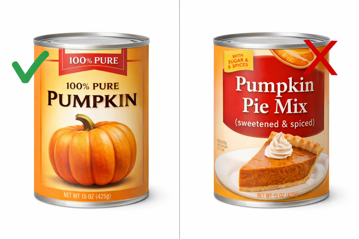 A comparison chart illustrating the safe home remedy for dog diarrhea: 100% pure canned pumpkin (checked) vs. pumpkin...