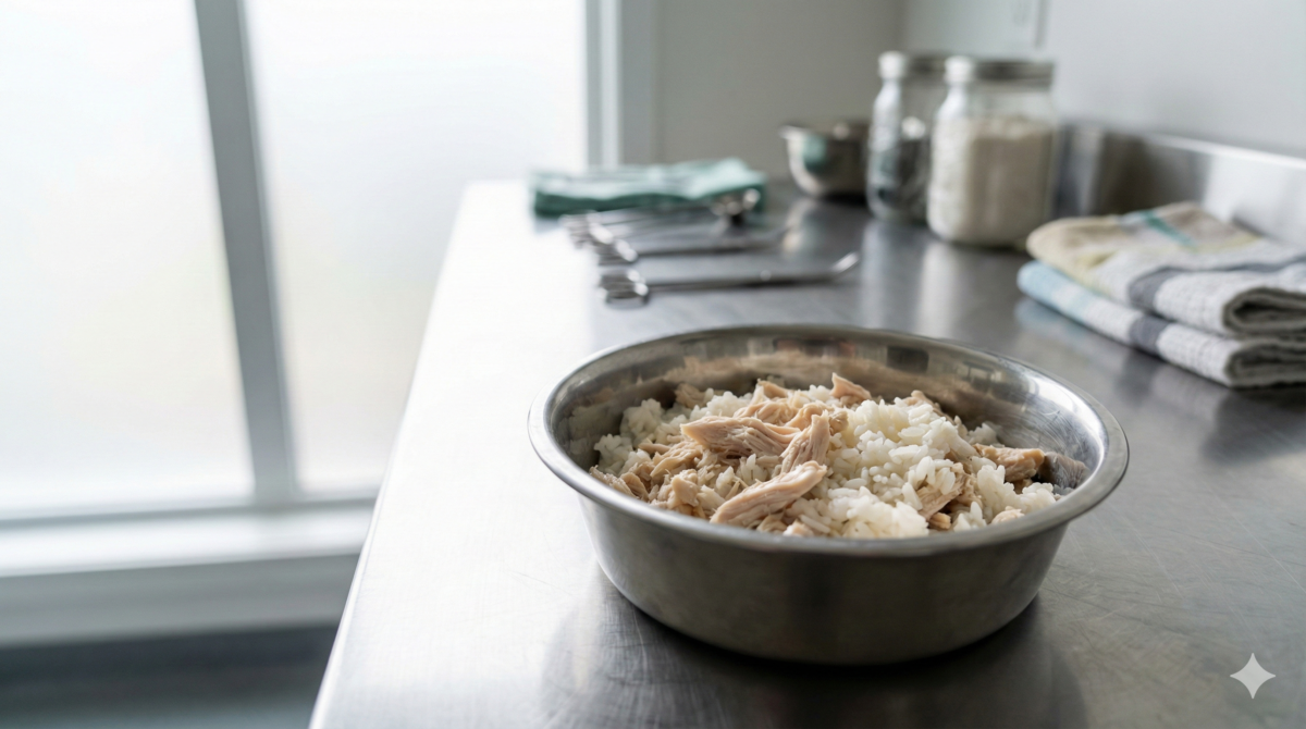 Plain boiled chicken and white rice bland diet prepared for a dog with diarrhea What to feed a dog with diarrhea – vet approved bland diet example