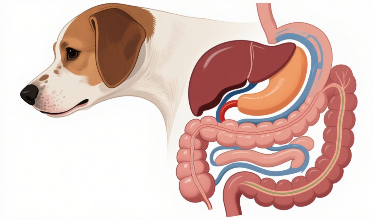 Dog Diarrhea 犬消化系统解剖图，标注了小肠和大肠腹泻的不同受损区域。 - dog diarrhea treatme...