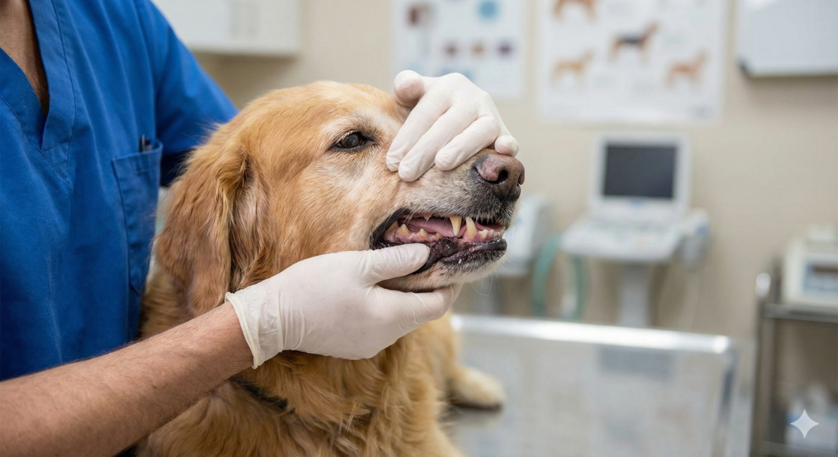 A veterinarian checking the pale gums of a sick dog, a key indicator of severe dog illness symptoms and dehydration