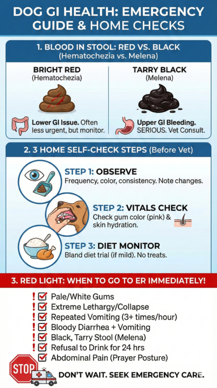 Infographic summary of causes and emergency signs for a dog pooping blood.