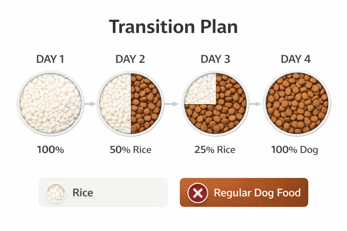 4-day transition guide infographic showing the ratio of white rice to dog food for diarrhea recovery.