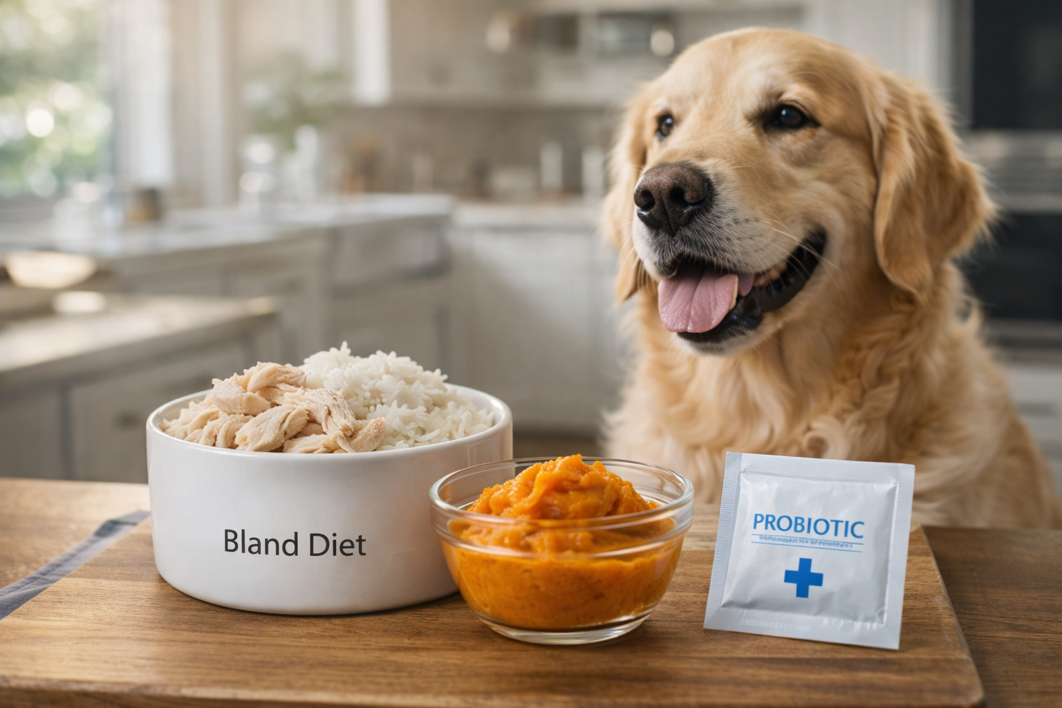 Professional pet health guide photo showing a healthy Golden Retriever with a bland diet of boiled chicken, white rice, pure pumpkin, and probiotics for dog diarrhea treatment.