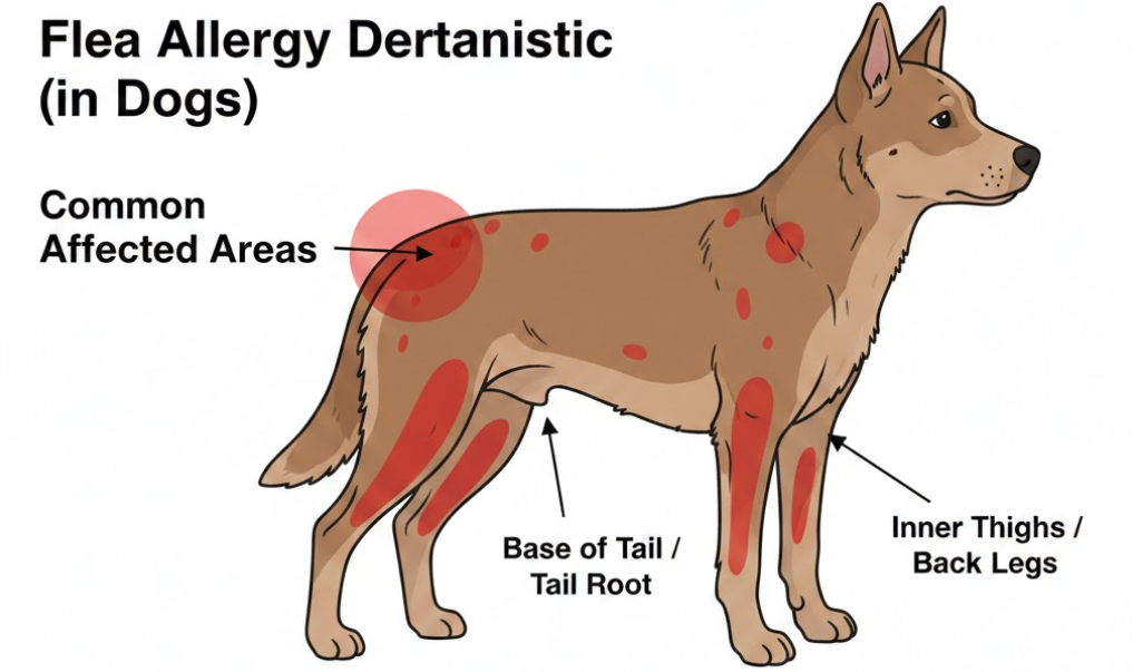 Diagram of flea allergy dermatitis (FAD) in dogs highlighting common affected areas including the base of the tail, tail root, and inner thighs.
