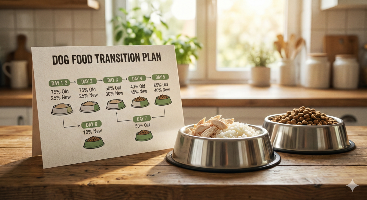 Four-day gradual diet transition chart for dog recovering from diarrhea - what to feed a dog with diarrhea