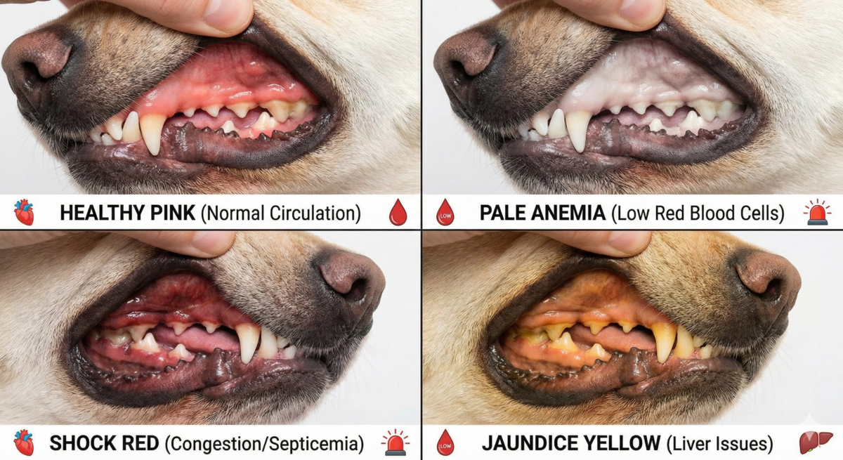 Veterinary comparison chart showing four dog gum colors: healthy pink, pale anemia, shock red, and jaundice yellow, u...