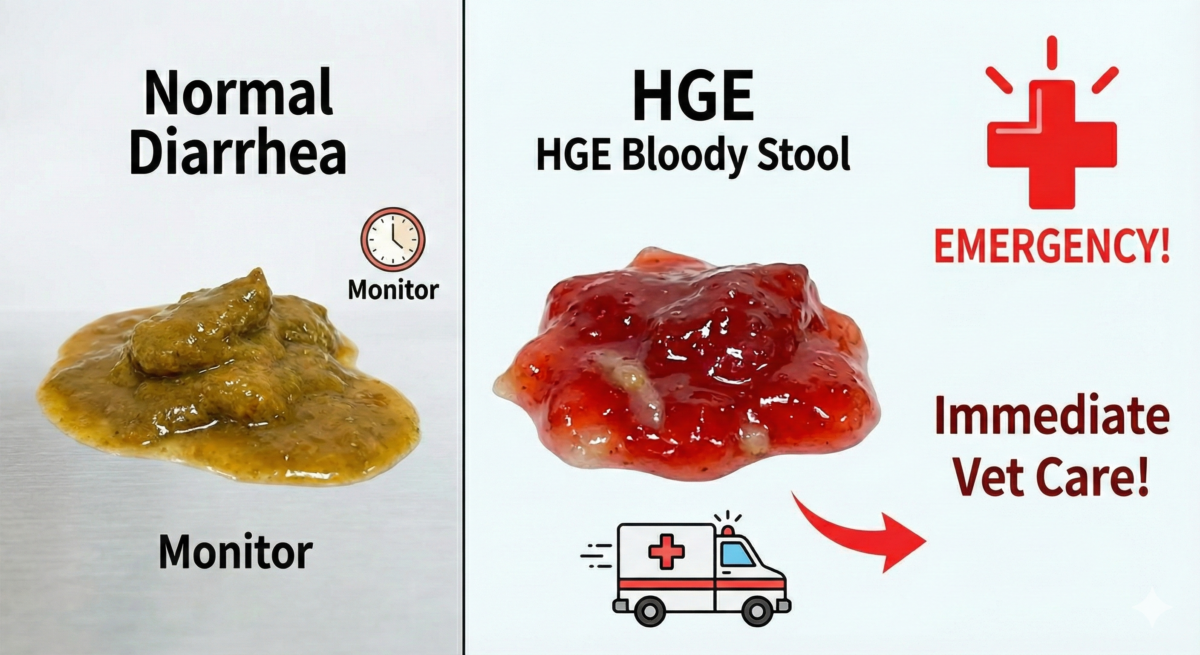 Visual example of dog poop like jelly with blood indicating AHDS emergency. - Dog pooping blood