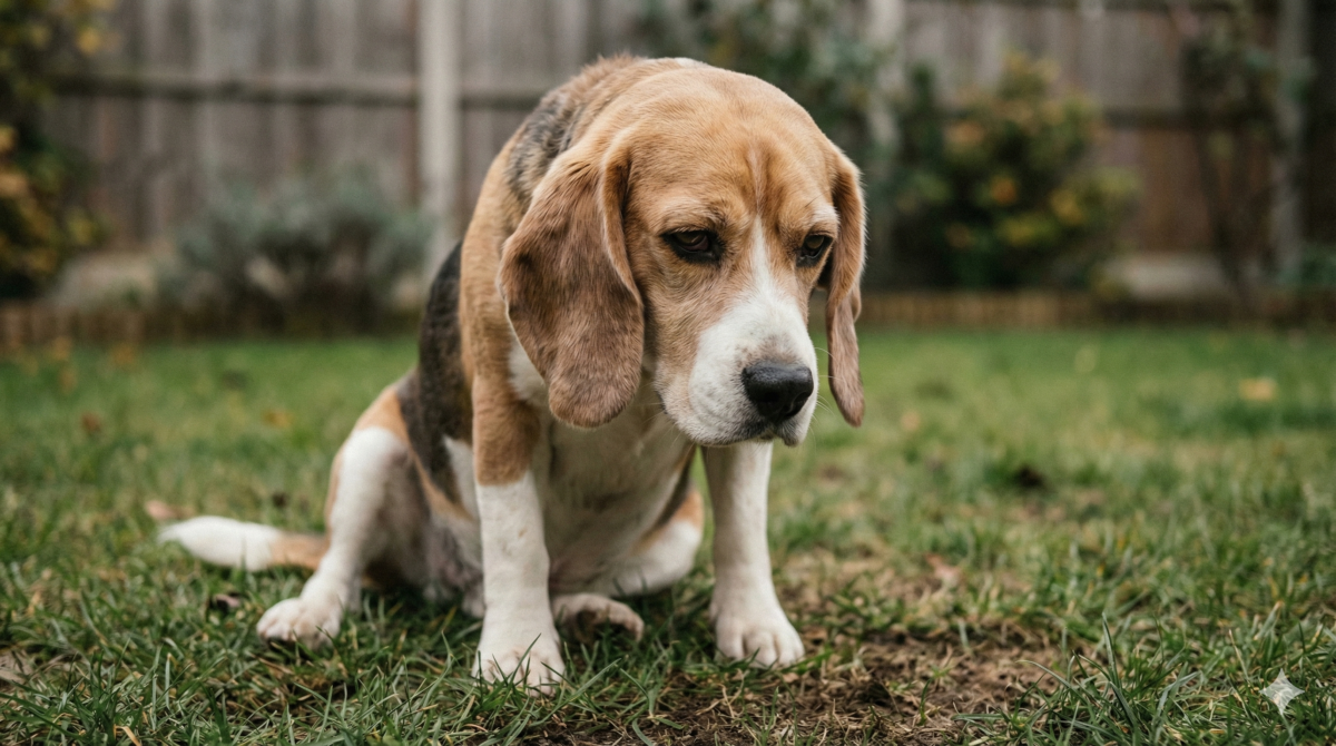 A dog showing symptoms that dog is sick after drinking from a puddle, illustrating germs and dangers in the outdoors