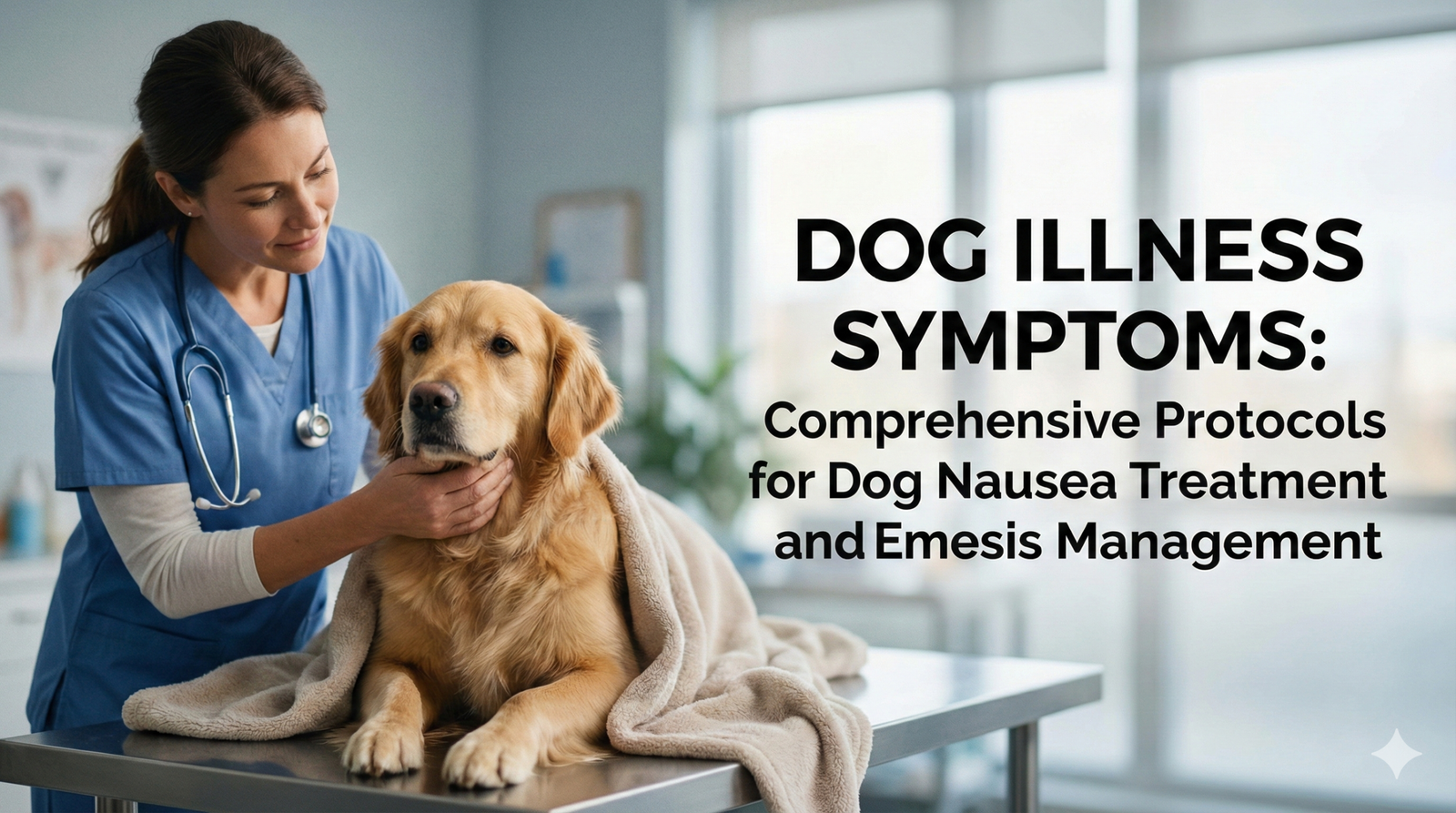 A compassionate veterinarian in blue scrubs comforting a golden retriever on an exam table, illustrating dog illness symptoms and protocols for dog nausea treatment.