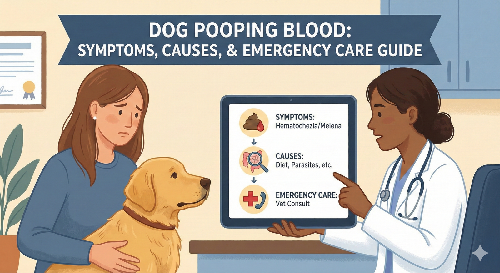 A veterinarian explaining symptoms and emergency care for a dog pooping blood to a worried pet owner in a clinic setting.