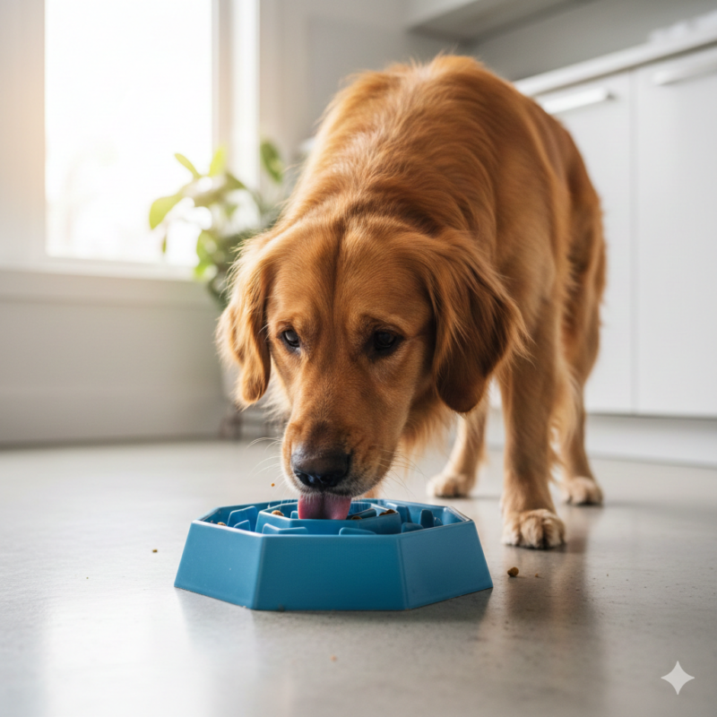 consider using a slow-feeder bowl or spreading the kibble across a flat cookie sheet to force them to slow down - dog...