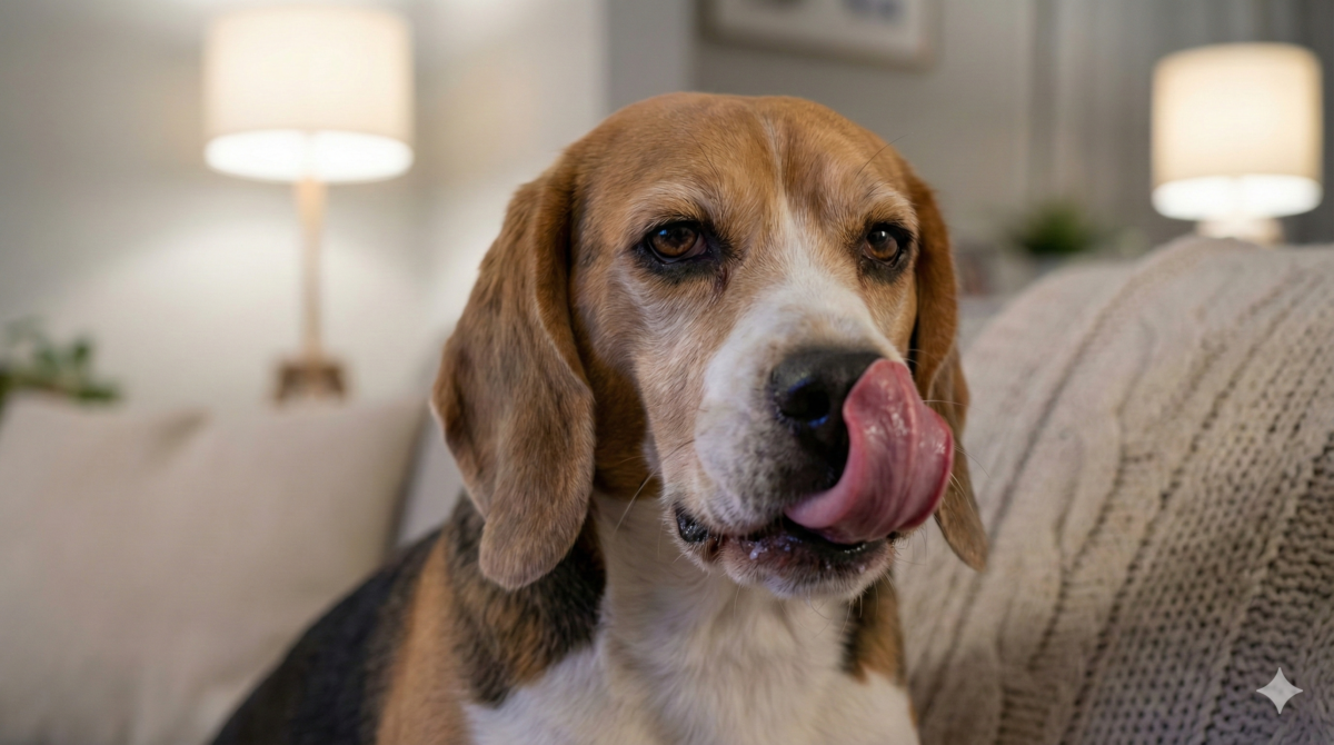 A close-up of a dog excessively licking its lips, a common sign of nausea in dog and early dog illness symptoms.