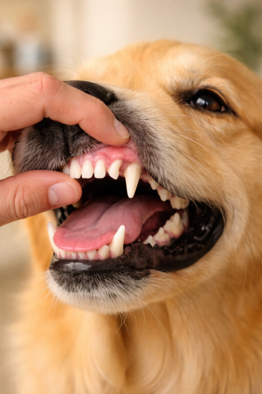 How to use a dog symptom checker to evaluate capillary refill time (CRT) by checking gum color.