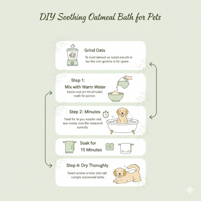 Infographic showing how to make a DIY oatmeal bath for pets in 4 steps: 1. Grind oats into fine powder, 2. Mix with warm water, 3. Soak for 15 minutes, 4. Dry thoroughly.
