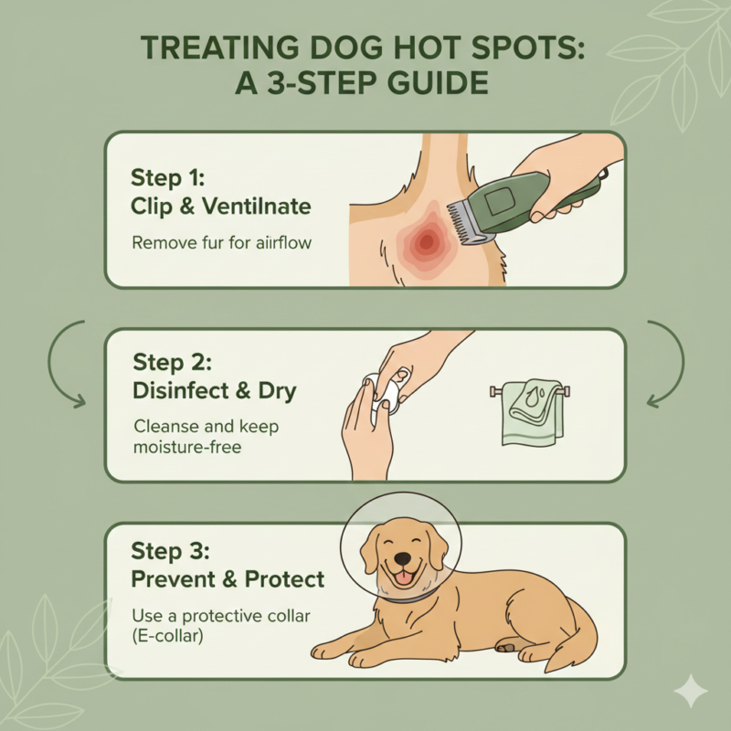 Infographic showing a 3-step treatment for dog hot spots: 1. Trim hair for ventilation, 2. Disinfect and keep dry, 3. Wear a protective Elizabethan collar (cone).