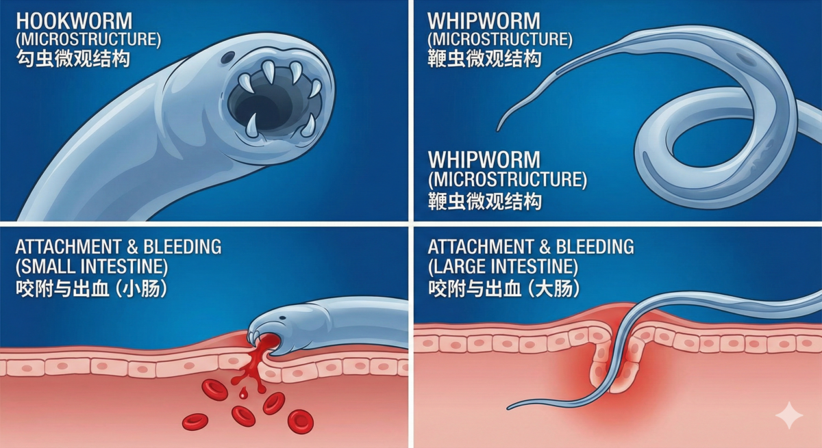 Microscopic view of hookworms and whipworms causing dog bloody stool. - Dog pooping blood