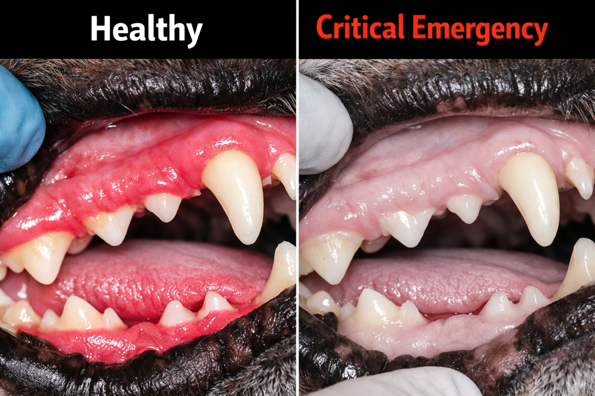 Comparison infographic of healthy pink gums vs pale white gums as signs of internal bleeding in dogs.