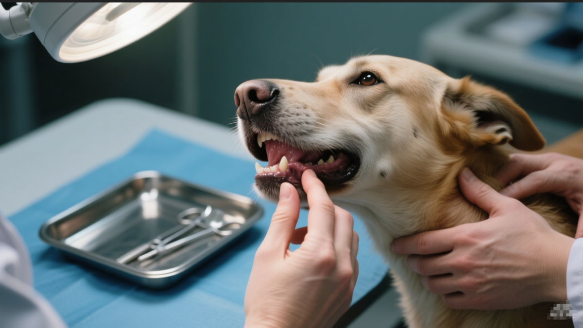 Veterinarian assessing dog hydration by checking gum moisture and skin elasticity