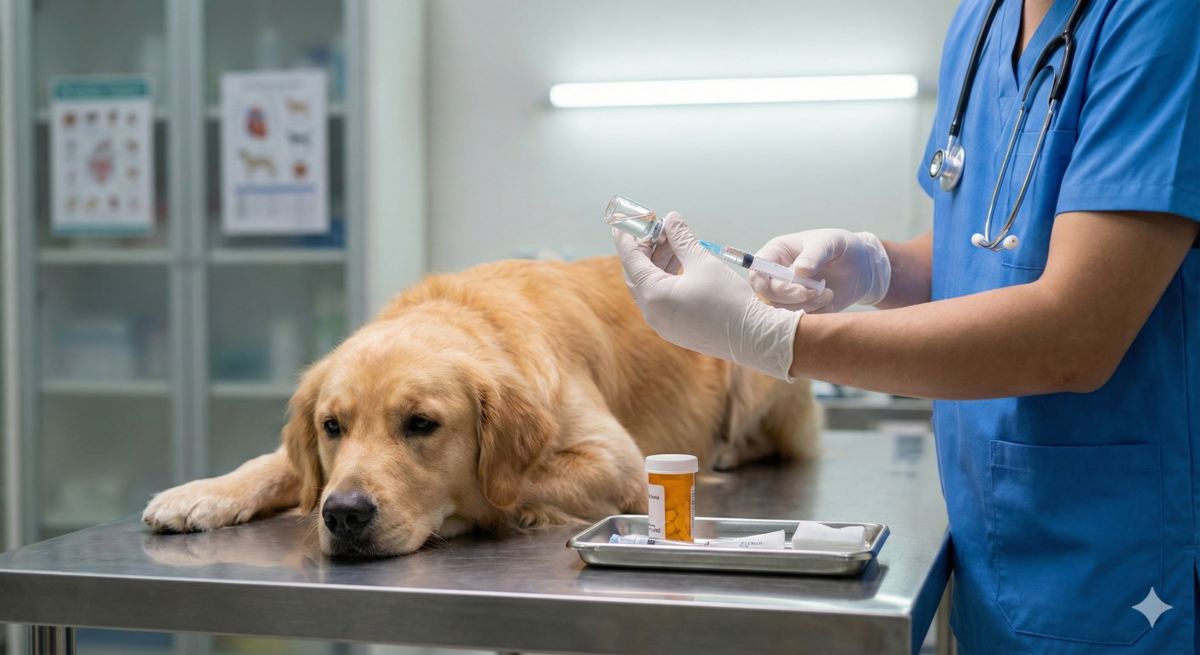 A veterinarian professionally administering dog anti nausea medication to a sick Golden Retriever in a clinical setting