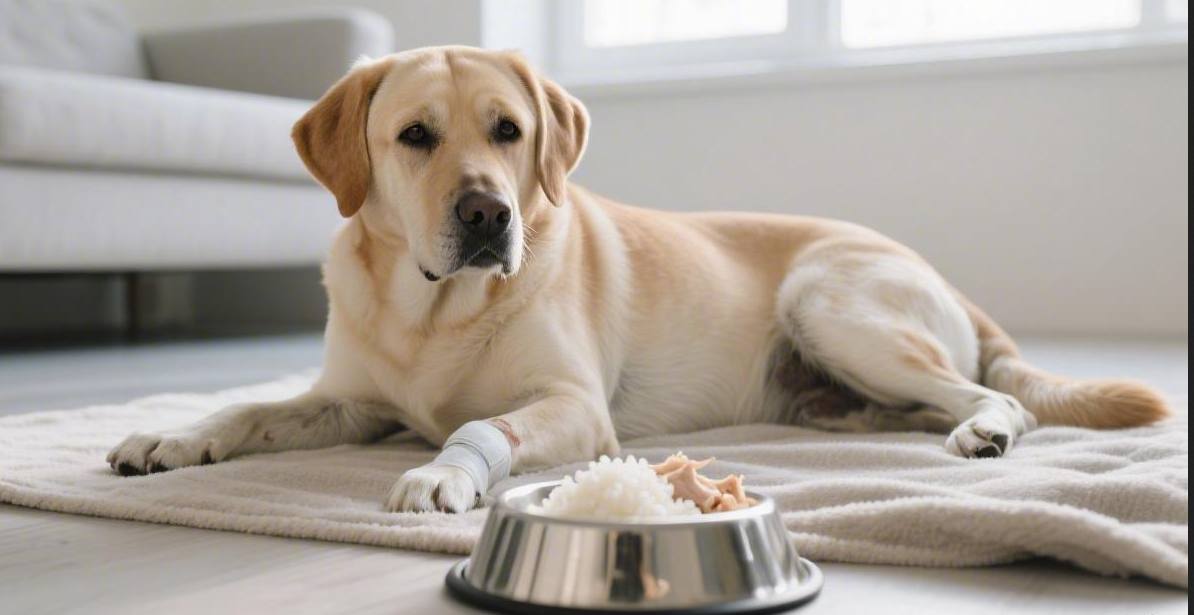 Dog resting indoors beside a bowl of plain boiled chicken and white rice, illustrating a bland diet for mild diarrhea recovery