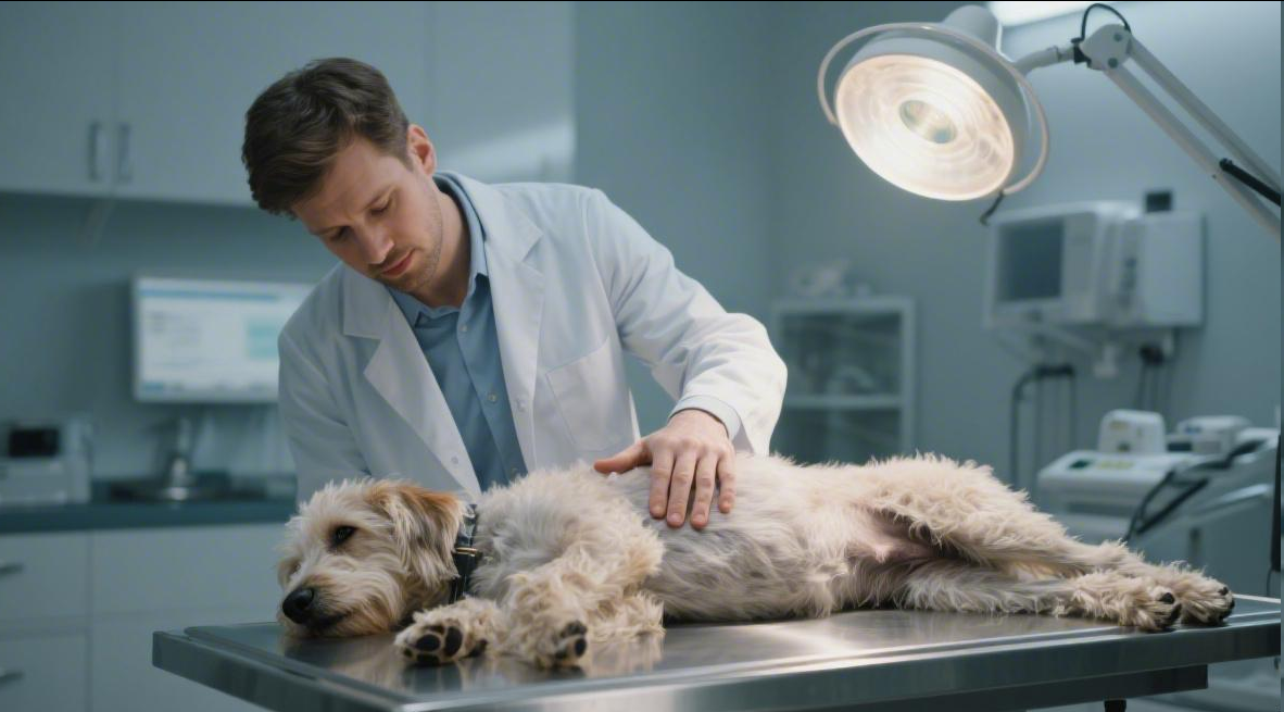 Veterinarian performing careful abdominal palpation on dog to rule out obstruction - What to feed a dog with diarrhea