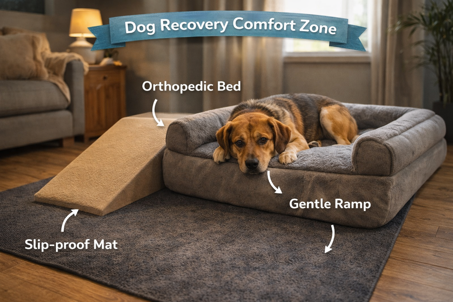 Safe pain relief & medications for dogs support: A recovery zone with a non-slip rug, dog ramp, and orthopedic bed.
