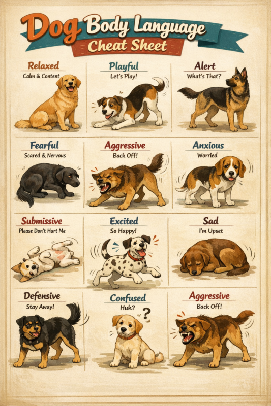 dog body language cheat sheet - dog behavior meaning