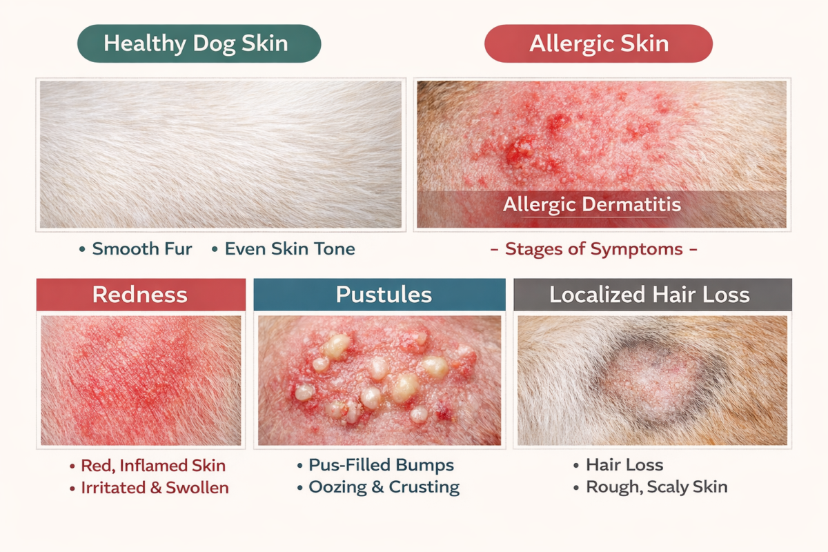Dog Skin Allergies:High-resolution comparison infographic showing healthy dog skin versus allergic skin conditions, including redness, pustules, and localized hair loss, with labeled clinical close-up images.