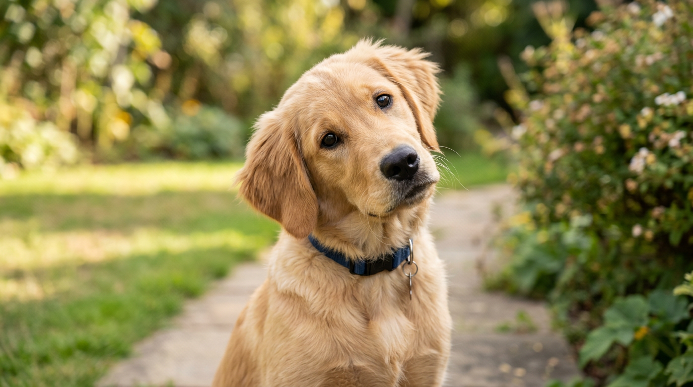 Close-up of an attentive dog tilting its head with ears perked up, expressing curiosity.