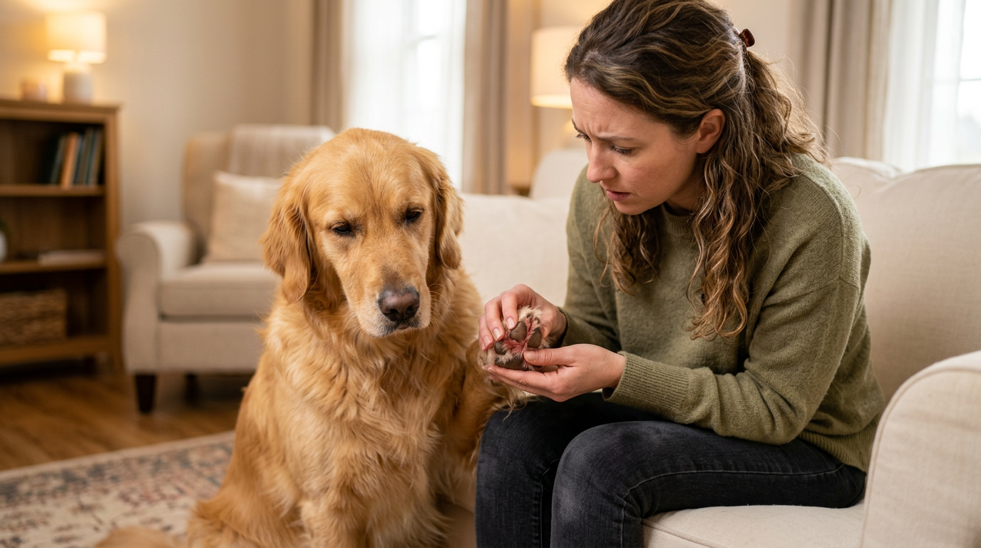 A close-up of a dog gnawing at its paw with a concerned expression.
