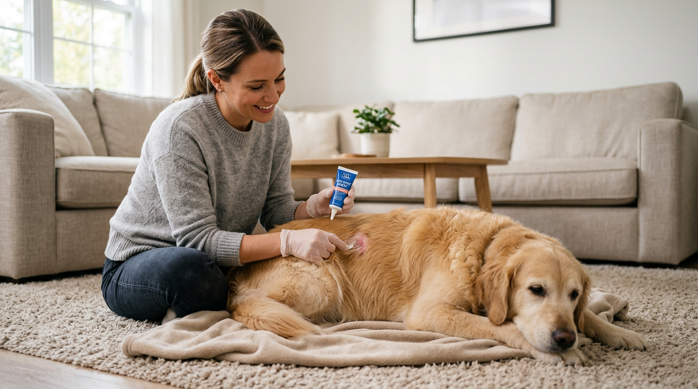 Golden Retriever licking its paw beside a stressed dog biting its leg
