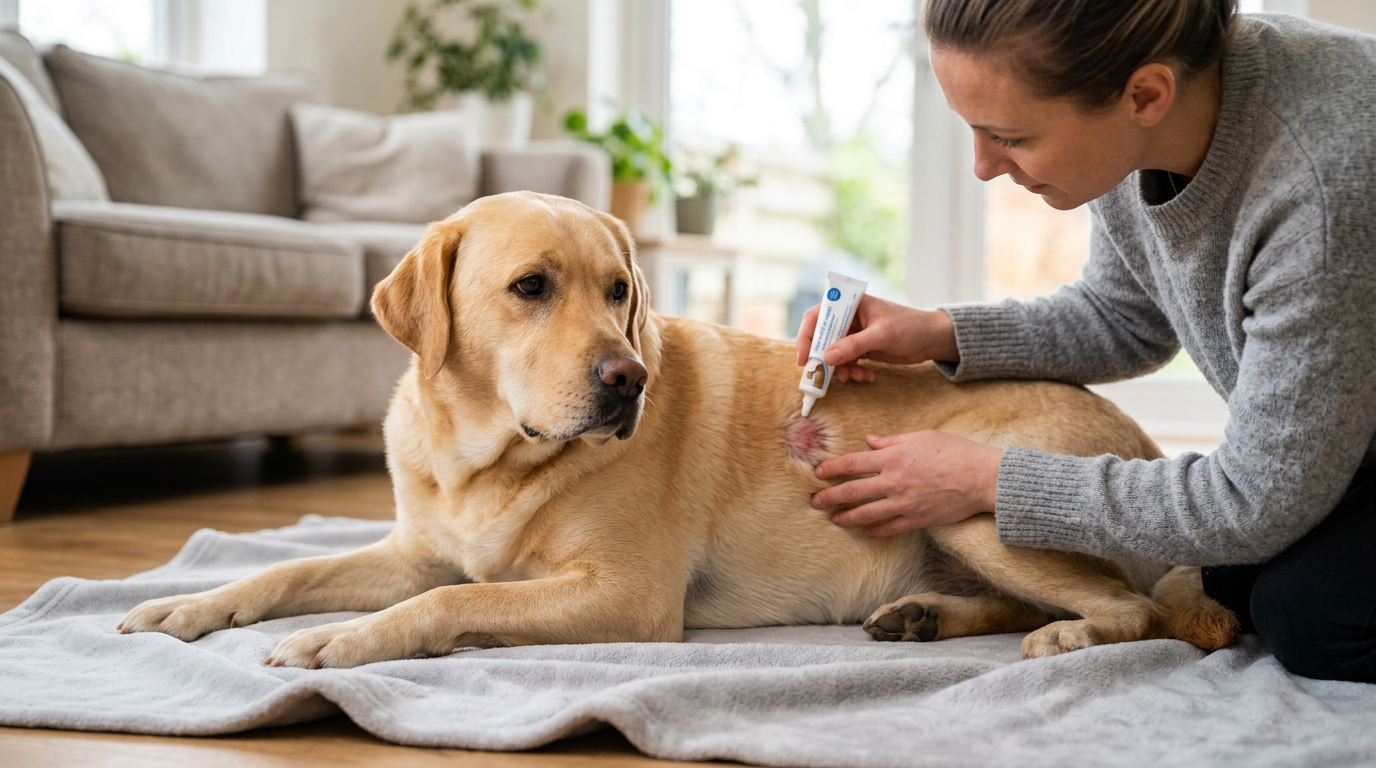 Image of a dog with a hot spot being treated at home.