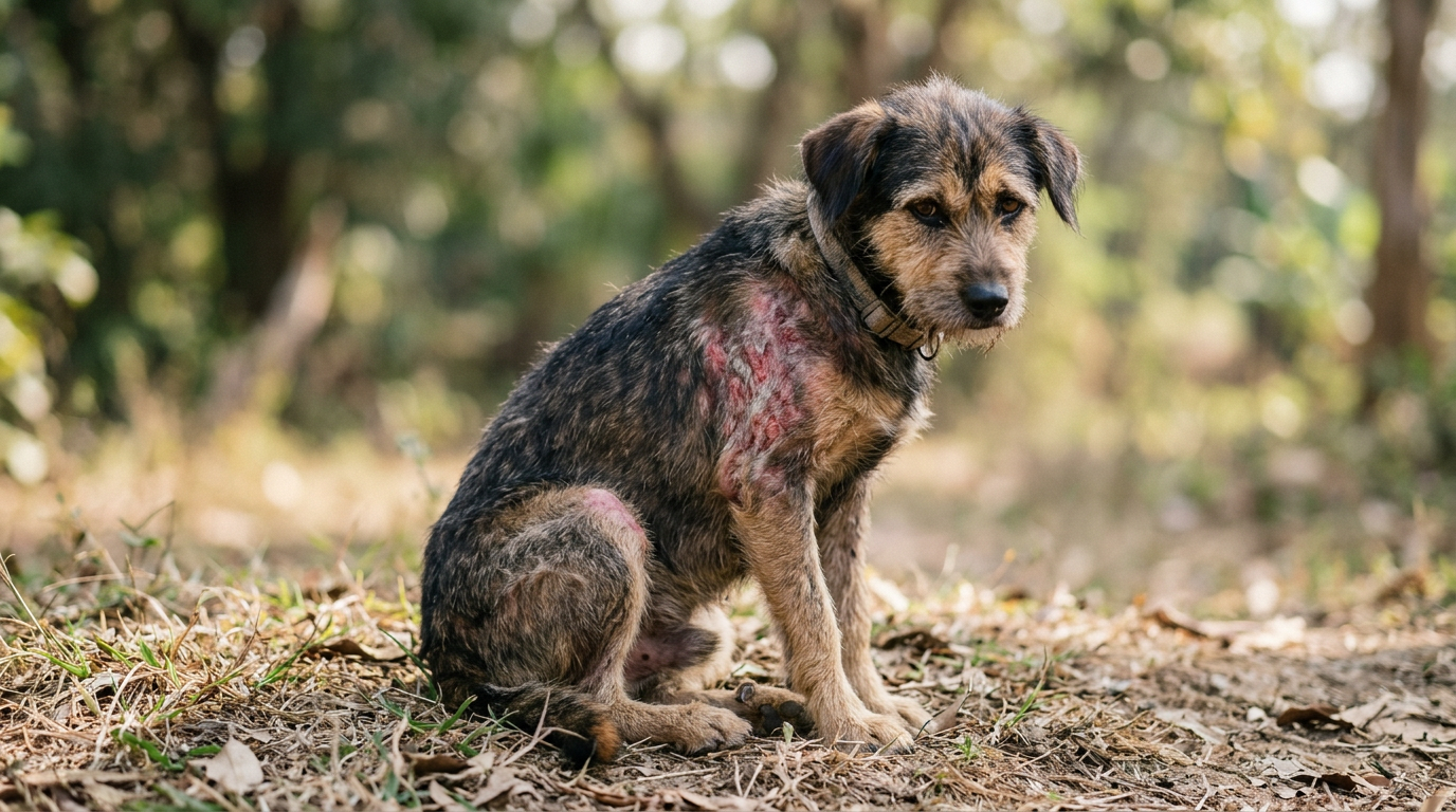 A close-up of a dog's irritated skin with visible hot spots and concerned expression.