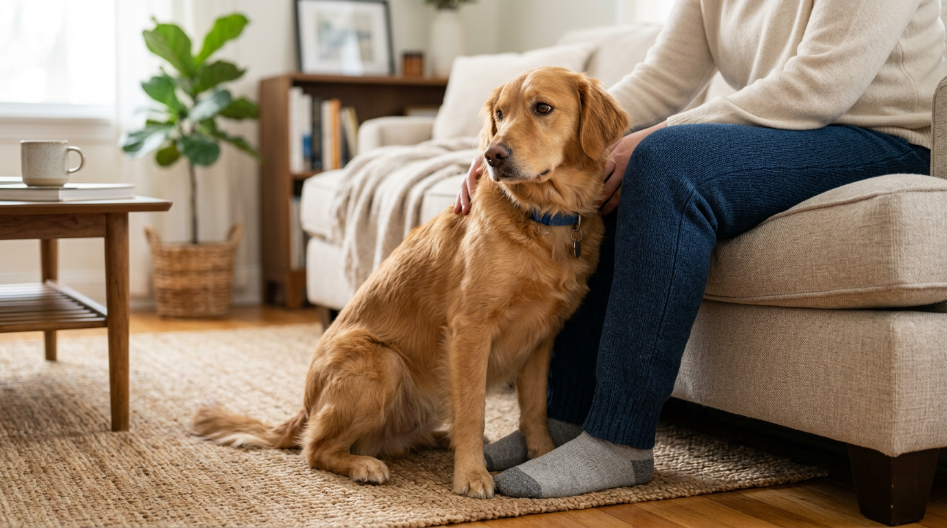 A dog leaning affectionately on its owner in a cozy home setting, showcasing the bond between pets and humans.