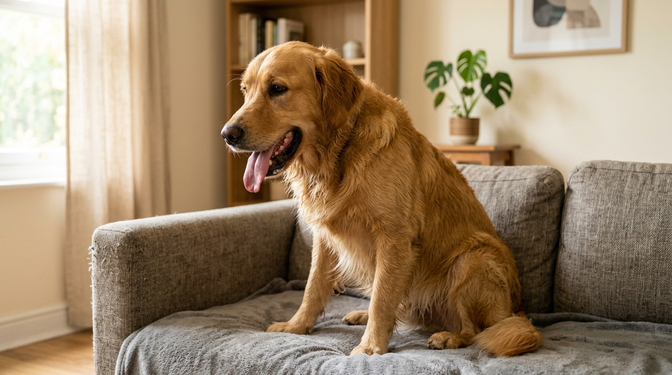 A worried golden retriever panting and shaking on a couch, showcasing visible signs of discomfort.