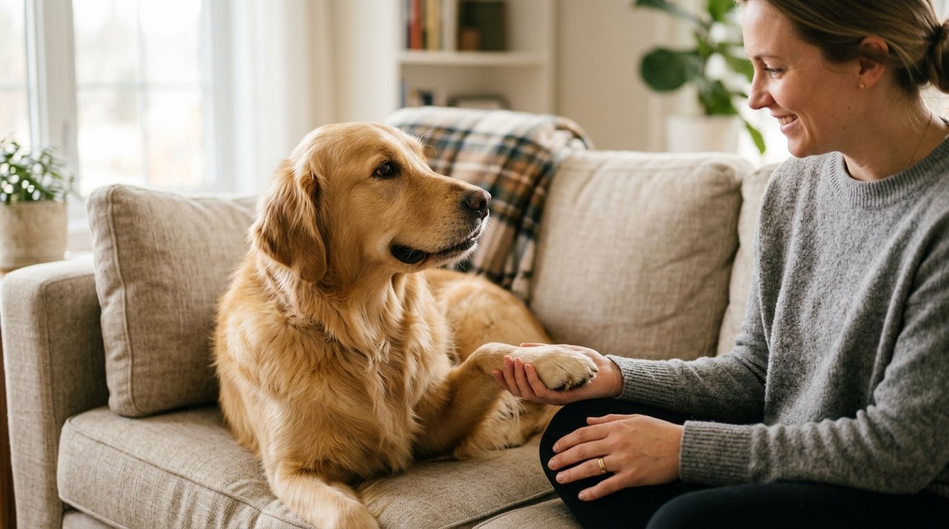 A close-up of a dog's paw resting gently on a person's hand, symbolizing communication and bonding.