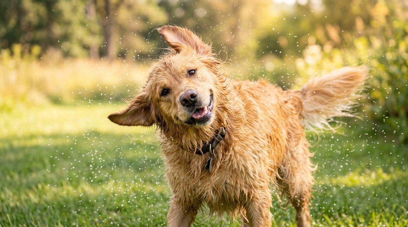 A happy dog shaking off fur after being petted, outdoors with natural sunlight.