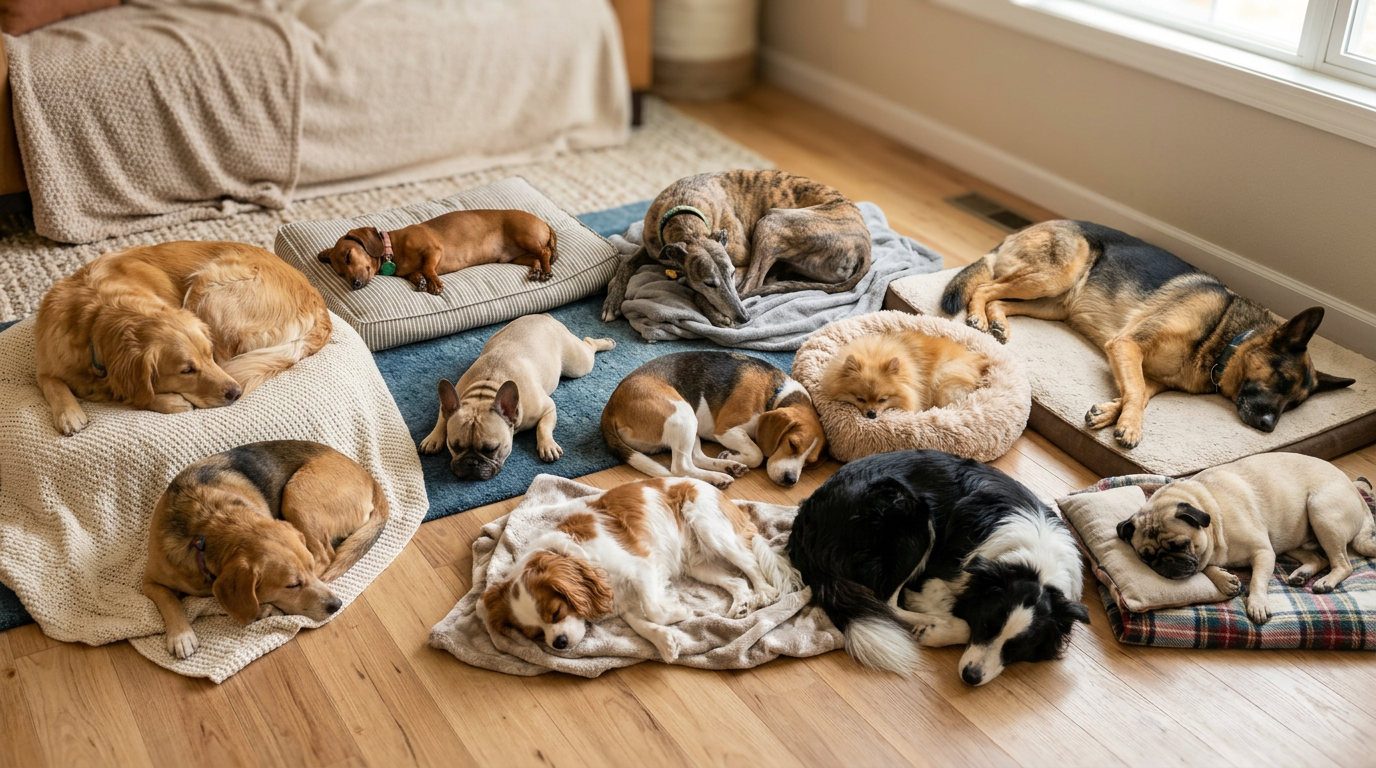 Visual representation of 10 dog sleeping positions showcasing various poses linked to personality and health.