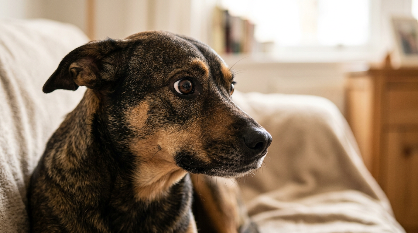 Close-up of a dog showing whale eye with stressed body language and crescent-shaped white visible in one eye.