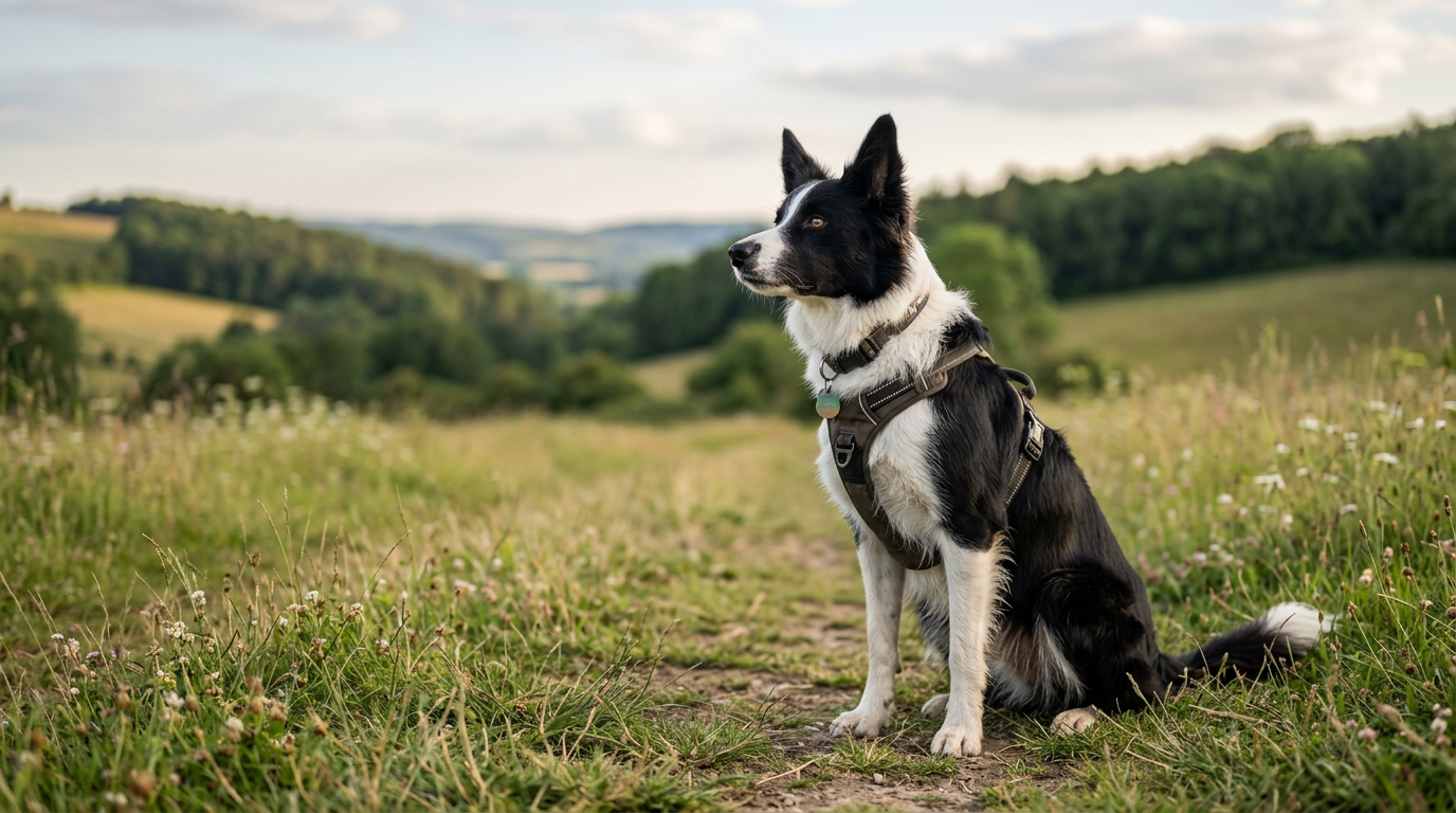 A focused dog reacting to a pet owner using a dog whistle outdoors.