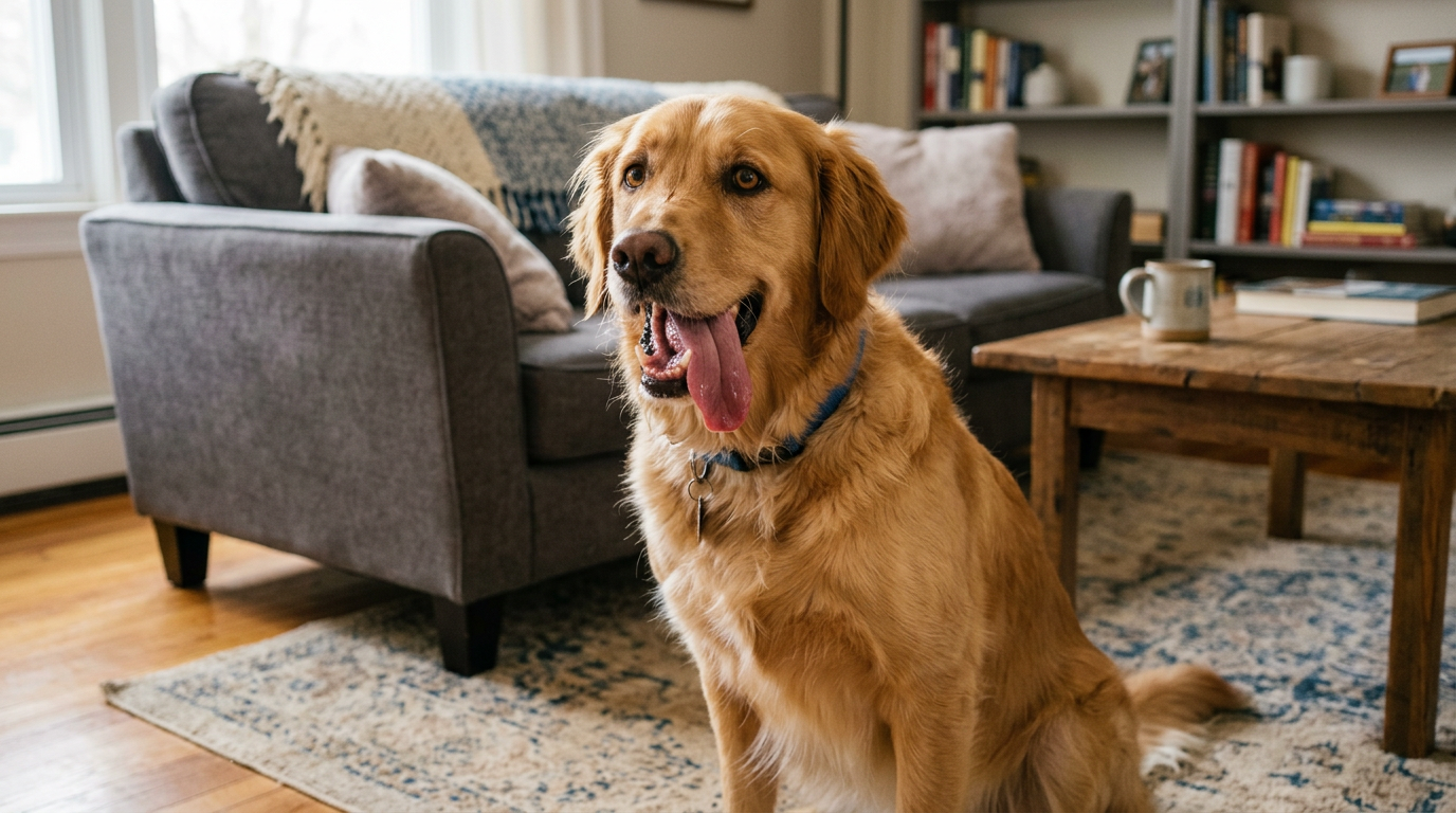 Close-up of a dog panting heavily in a well-lit room, showing concern and discomfort.