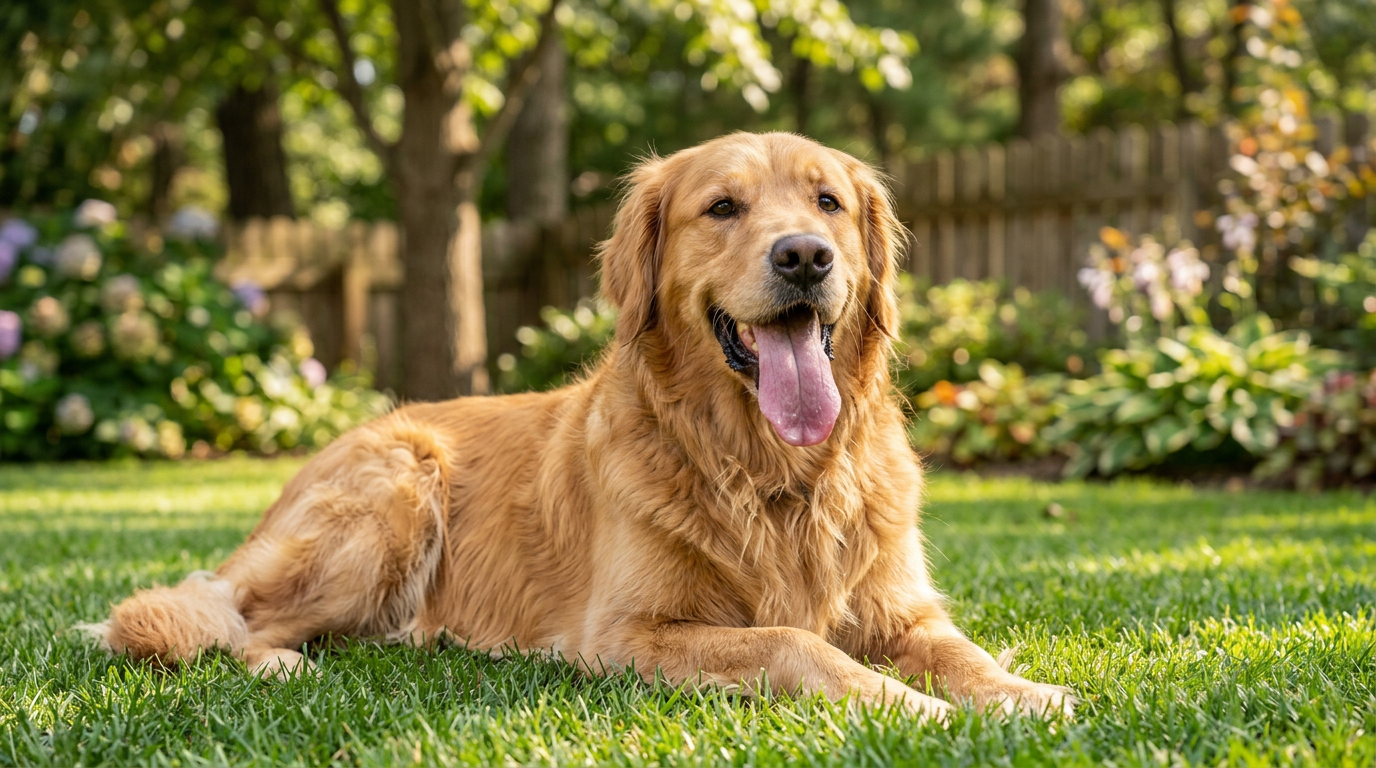 panting golden retriever sitting outdoors on a hot summer day, mouth open and tongue hanging out.