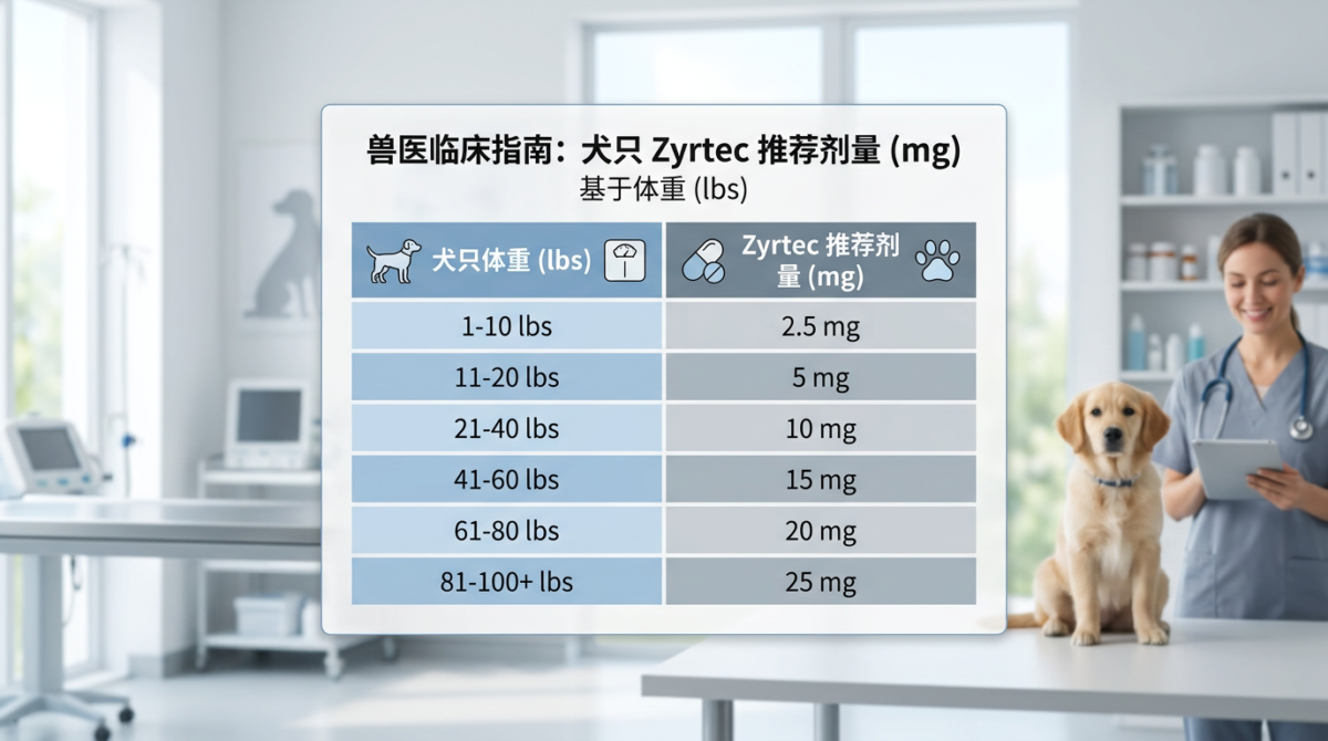 Zyrtec for Dogs 一张专业的犬用 Zyrtec（西替利嗪）剂量对照表，详细标注了不同体重（单位为磅）对应的推荐毫克数。