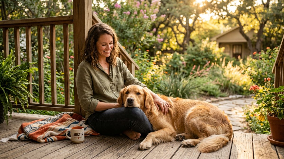 A peaceful scene of a happy dog owner and their calm dog enjoying a sunset, symbolizing the success of barking modifi...