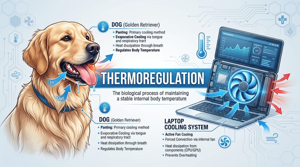 A side-by-side comparison of a dog panting and a laptop cooling fan, illustrating the concept of thermoregulation - h...