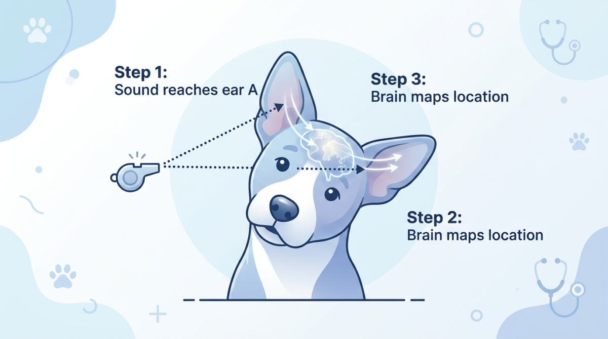 Dog Ear Triangulation Infographic: How a dog head tilt helps locate sound sources.