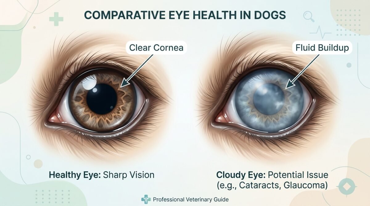 Young Dog Cloudy Eye Comparison: Side-by-side view of a healthy clear eye versus a cloudy eye showing signs of edema ...