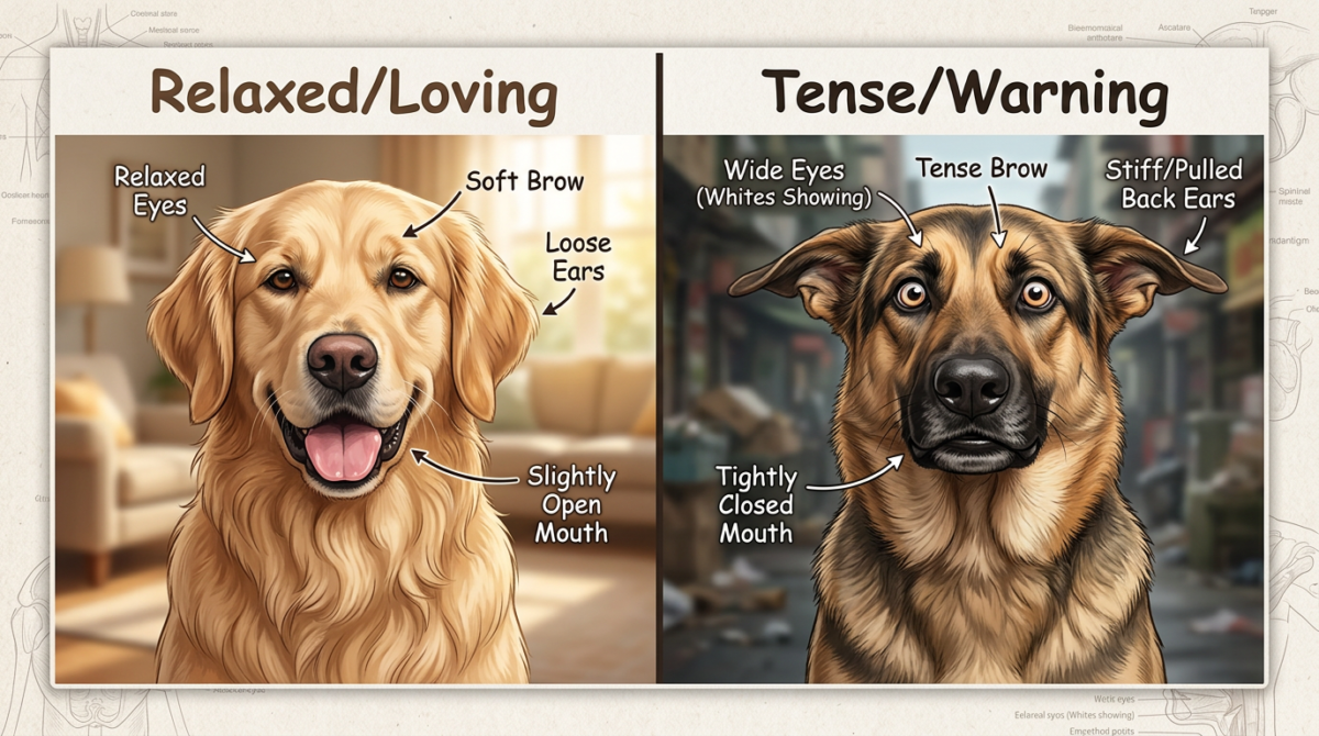 Comparison of Soft Eyes vs Hard Stare in Dogs: Visual cues showing relaxed eyelids versus stiff facial muscles and wh...