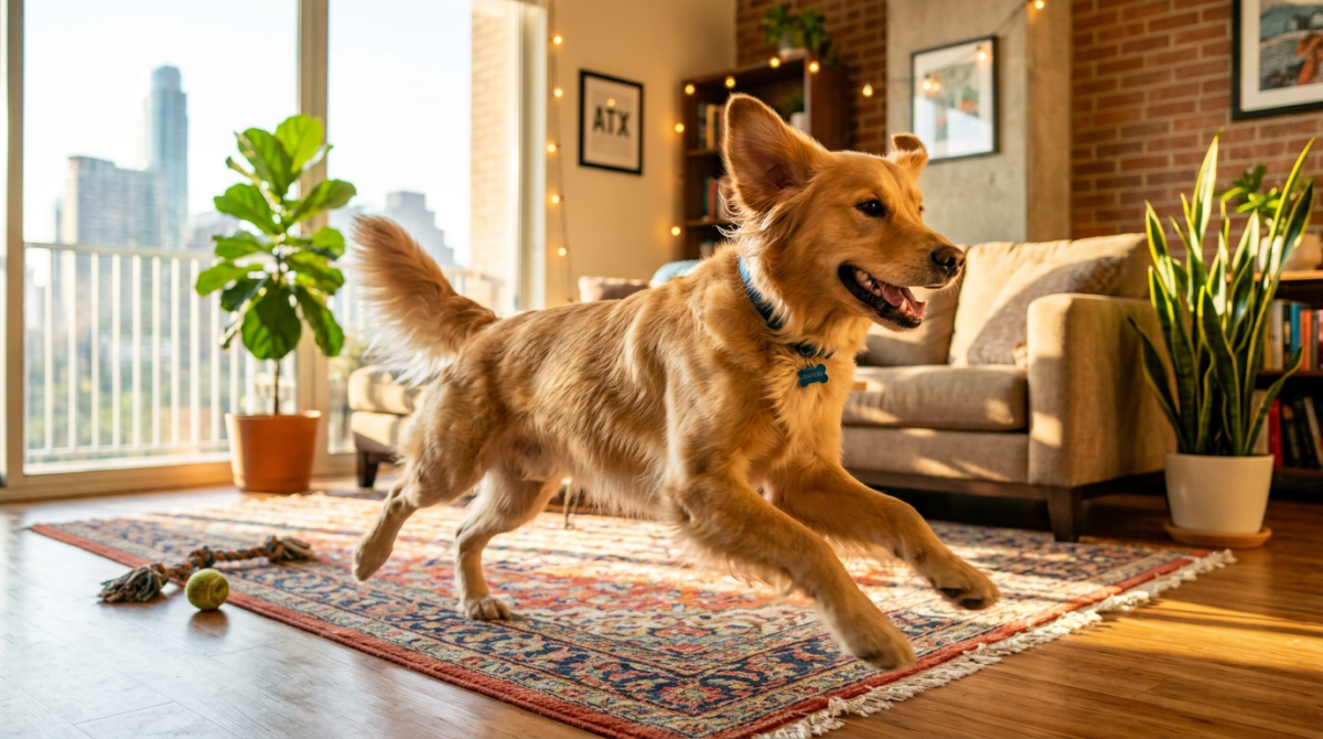 Action shot of a happy dog performing morning zoomies in a bright living room, showcasing the 'play bow' and high-spe...